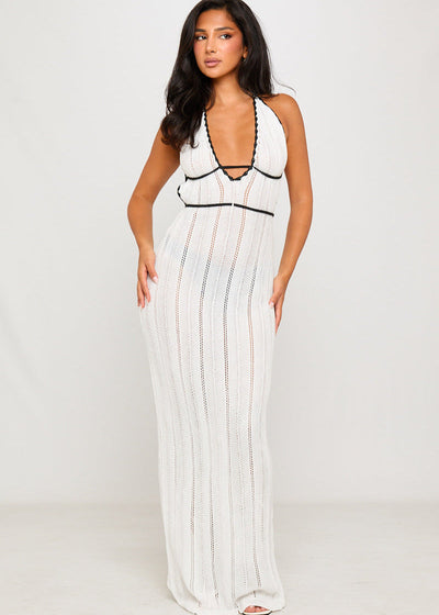 White Crochet Halter Maxi Dress